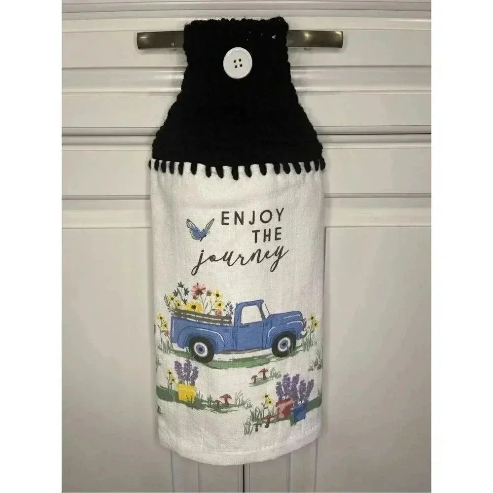 Crochet Top Kitchen Towel- Enjoy the Journey Truck Flowers Butterfly Spring